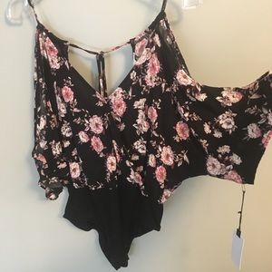 ASTR floral cold shoulder leotard top
